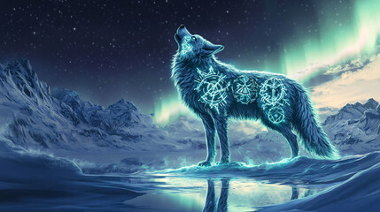 Wall Mural - A wolf covered in ethereal glowing Nordic symbols, glowing in icy blue and white, howling at the aurora-lit sky with the reflection glistening in the snow below. 