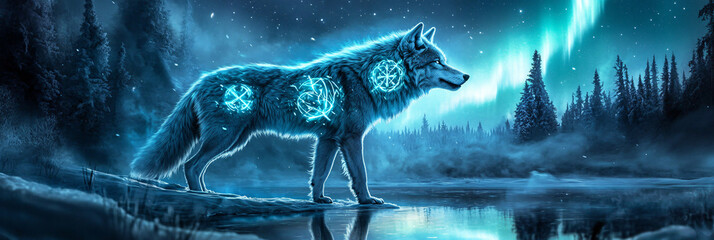 Wall Mural - A wolf covered in ethereal glowing Nordic symbols, glowing in icy blue and white, howling at the aurora-lit sky with the reflection glistening in the snow below. 