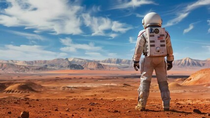 Wall Mural - Astronaut walking in mars landscape. Spaceman wearing space suit. Space exploration concept. Space mission on red planet. Mars colonization concept. Science and research