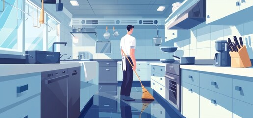 Poster - a steward sweeps the floors of the galley removing any crumbs or spills that may cause accidents.