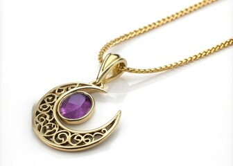 Wall Mural - Elegant Gold Moon Pendant With Purple Stone on a Delicate Chain. Generative AI