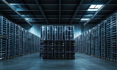 Poster - Warehouse storage with stacked pallets, organized rows of pallets, industrial setting, bright lighting, spacious interior