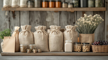 Sticker - A rustic market scene featuring burlap sacks, jars of nuts and grains, and dried flowers on a wooden counter