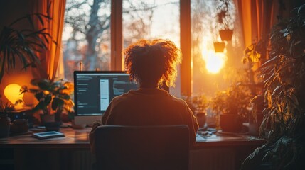 Aufkleber - a person is focused on their computer screen at a desk, illuminated by warm sunlight as it sets outs