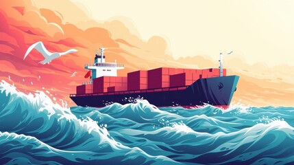 Poster - a ship sails through rough seas determined to overcome the difficulties of container shortages and d