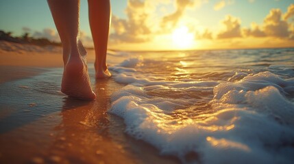 Poster - A person strolls barefoot on the sandy beach with waves gently washing over their feet as the sun sets, creating a warm, tranquil atmosphere.