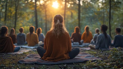 Aufkleber - A diverse group of people sits quietly on blankets in a lush forest, engaging in meditation as the sun rises, creating a peaceful atmosphere and fostering connection with nature.