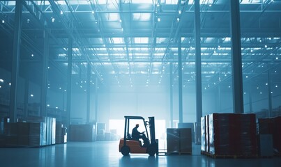 Poster - Forklift in warehouse, silhouette against bright lighting, stacks of pallets, spacious interior, industrial setting