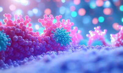 Poster - Colorful microscopic view of cells, vibrant pink and blue structures, soft bokeh background, representing biological processes