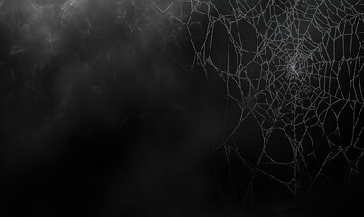 Poster - Spider web on dark background, intricate patterns, ethereal atmosphere, hints of fog, mysterious ambiance