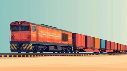 Poster - a freight train pes by carrying numerous containers in varying sizes highlighting how containerizati