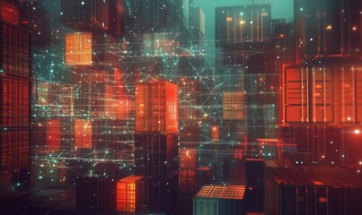 Poster - Futuristic cargo containers, digital network, vibrant colors, abstract technology, interconnected systems, 3D visualization