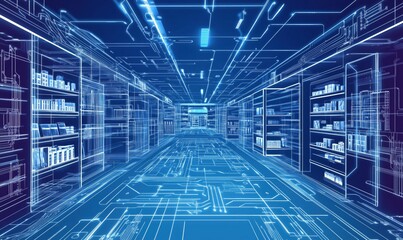 Poster - Futuristic library with digital circuitry design, shelves filled with books and technology, illuminated pathways, modern architecture