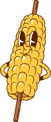 Poster - Cartoon groovy corn on a skewer fast food character. Isolated vector cheerful maize cob vegetable retro personage with ripe kernels and joyful face expression, ready for barbecue party or party outing
