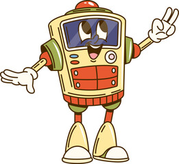 Leinwandbilder - Cartoon groovy robot character with futuristic appearance showing peace sign with it hand. Isolated vector playful ai droid personage exudes friendly and nostalgic sci fi retro futuristic vibe of 80s