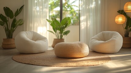 Aufkleber - A welcoming indoor space showcases three comfortable bean bag chairs arranged around a round natural fiber rug, surrounded by lush plants and warm light.