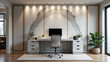 © Tameem - Spacious office with a large white desk featuring an acoustic panel behind it, providing a modern workspace environment.