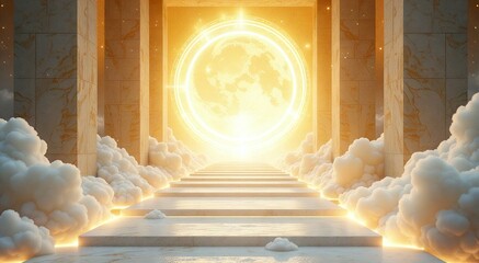 Wall Mural - Golden stairway leading to a bright, ethereal light amidst clouds. Concept for spiritual awakening, enlightenment, and transcendence in new age spirituality