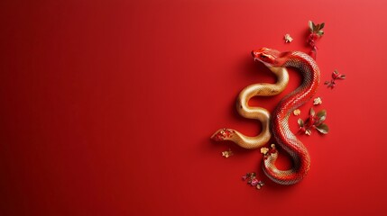 Poster - colorful snake intertwined with flowers on a vibrant red background for a striking visual display