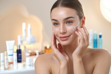 Poster - Beautiful woman applying cream on face in bathroom