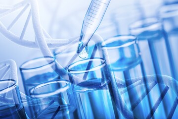 Wall Mural - illustrations of dna structure and test tubes , double exposure