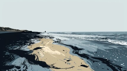 Poster - a deserted oilcovered beach serves as a haunting reminder of the irreversible environmental damage c
