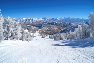 Wall Mural - Snow grooming machines preparing ski slopes in a sunny winter mountain landscape