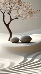 Aufkleber - A serene minimalist Zen garden showcases gracefully raked sand, two smooth stones, and a delicate tree. The soft morning light enhances the peaceful atmosphere, inviting deep reflection