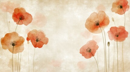 Sticker - Watercolor painting of orange poppies on a beige background.