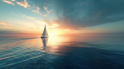 Poster - a tranquil seascape with a single sailboat powered purely by solar energy symbolizing the move towar