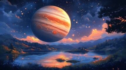 Wall Mural - Fantasy illustration of Jupiter with lush landscapes and imaginary creatures living on its surface in vibrant colors.