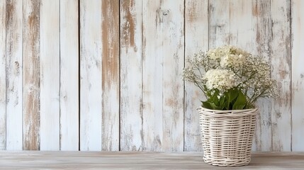 Canvas Print - White flowers in wicker basket against rustic wooden background.