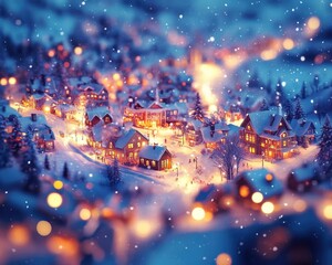 Wall Mural - Holiday season snow-covered town with vibrant lighting, soft glow, peaceful winter scene