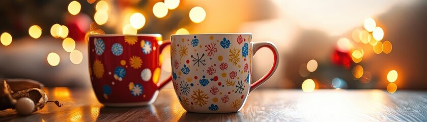 Wall Mural - Winter holiday coffee mugs with vibrant patterns, soft lighting, cozy home atmosphere