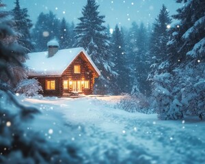 Wall Mural - Winter holiday getaway with vibrant snow, cozy cabin, soft lighting, peaceful atmosphere