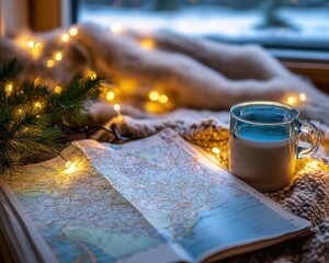 Canvas Print - Winter holiday getaway planning with vibrant maps, soft lighting, cozy home setting