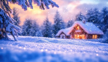 Wall Mural - Winter holiday scene with vibrant snow, soft lighting, cozy cabin, peaceful atmosphere