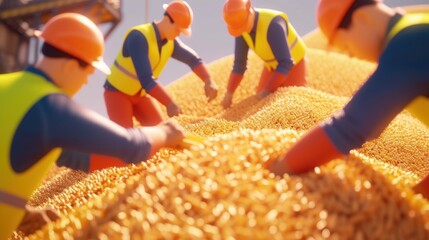 Poster - a team of workers decked out in hard hats and bright vests carefully inspecting and sampling the gra