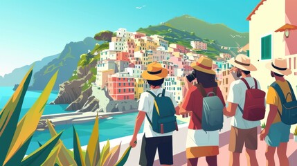 Poster - a group of tourists cameras in hand exploring a beautiful coastal town during a shore excursion from