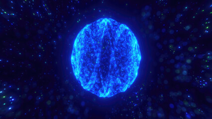 Poster - A blue sphere dotted with lights, floating in a dark expanse, reminiscent of a celestial body in a distant galaxy, highlighting abstract and digital art elements