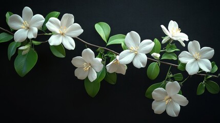 Poster - Delicate white flowers bloom elegantly, their petals soft against rich dark hues. Each blossom unfolds gracefully, revealing intricate details and vibrant green leaves that enhance their beauty