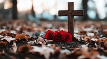 A poignant blend of tranquility and remembrance as a wooden cross rests among lush roses on a bed of dry, russet autumn leaves, reflecting silent hues of nature.