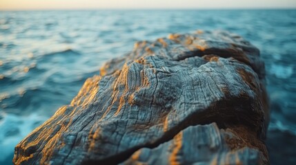 Poster - Sunlight glints off the weathered surface of driftwood perched near the ocean. Waves gently lap against the shore, creating a serene atmosphere at dusk