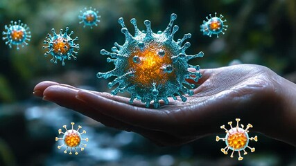Poster - Visualization of virus particles held in a human hand against a blurred natural background