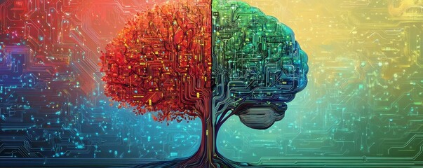 Poster - Colorful digital tree with circuit brain, artificial intelligence concept