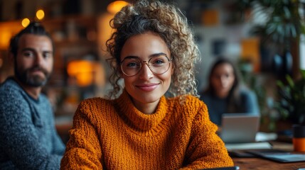 Poster - A cheerful woman wearing glasses and an orange sweater radiates positivity in a bustling workspace, with others engaged in activity behind her.