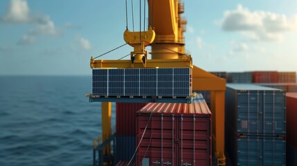 Poster - a crane carefully lifts a container off of a ship revealing dozens of solar panels lining the deck j