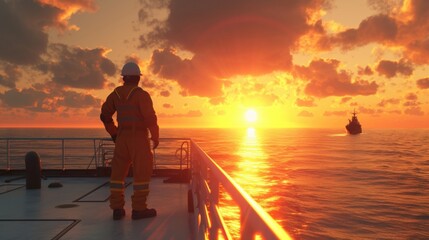 Poster - as the sun sets over the horizon the bosun inspects the deck for any signs of wear and tear ensuring