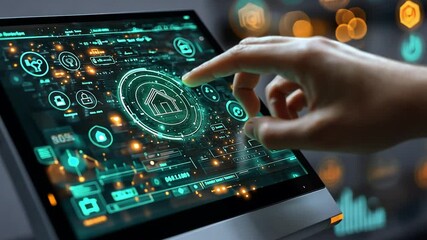 Poster - Modern digital interface illustrates smart home control system in urban setting