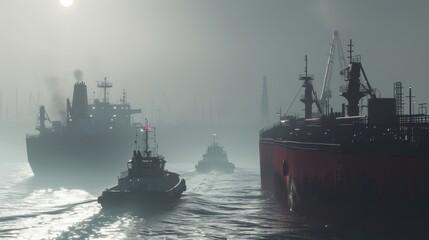 Poster - through the hazy mist of a busy port a pumpman supervises the transfer of liquid cargo between two m